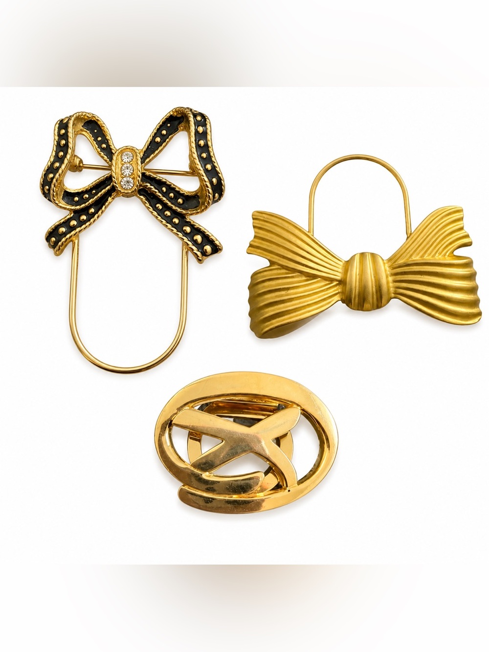 Lot 3 Vintage Scarf Glasses Clips Brooches Gold Tone Metal ~ Excellent -Bow